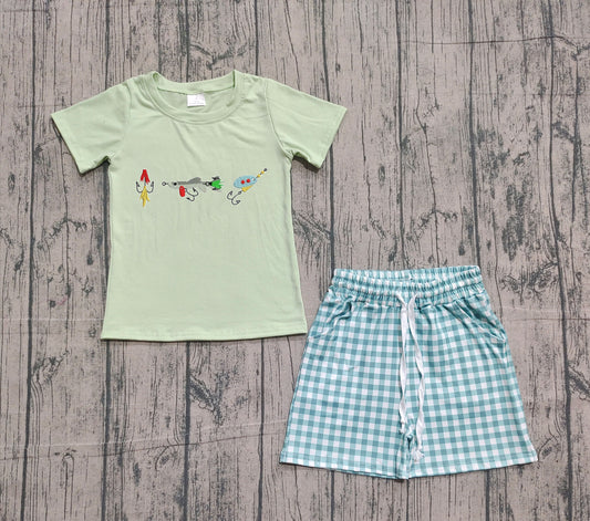 ( No moq ) Preorder Baby Boys Short Sleeves Embroidery Fishing Shirt Plaid Pockets Shorts Clothes Set