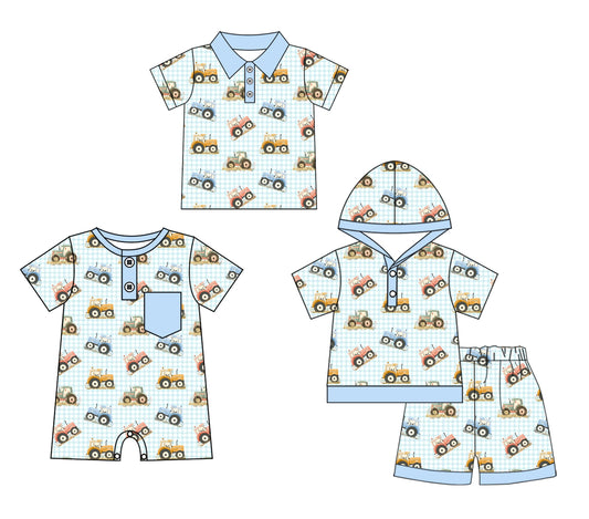 ( Moq 5 Each Style ) Sibling Baby Boys Kids Short Sleeves Farm Tractors Romper Shirt Set