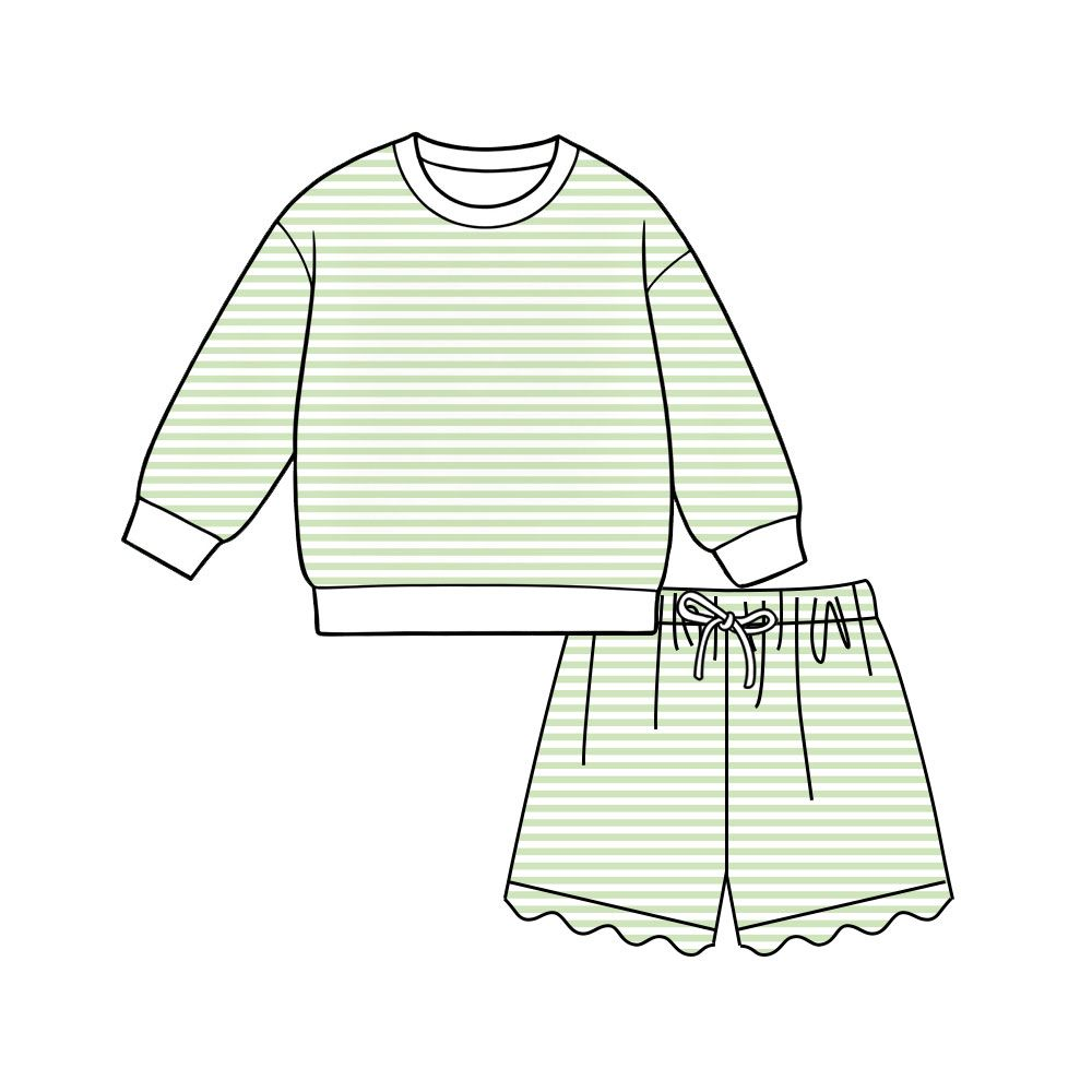 ( Moq 5 ) Preorder Adult Women Long Sleeves Shirt Green Stripes Scallop Shorts Yoga Active Set
