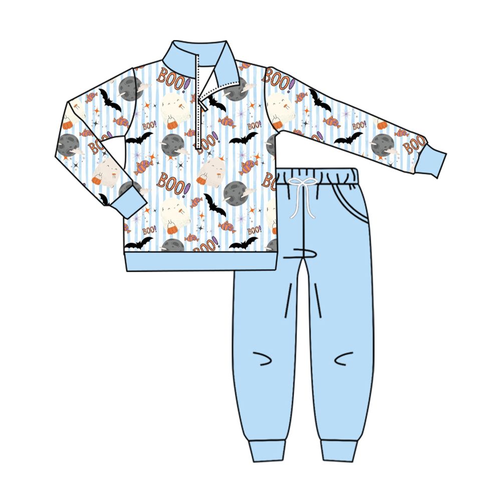 ( Moq 5 ) Preorder Baby Boy Kids Stripes Boo Zipper Shirt Blue Pockets Pants Halloween Set Clothes