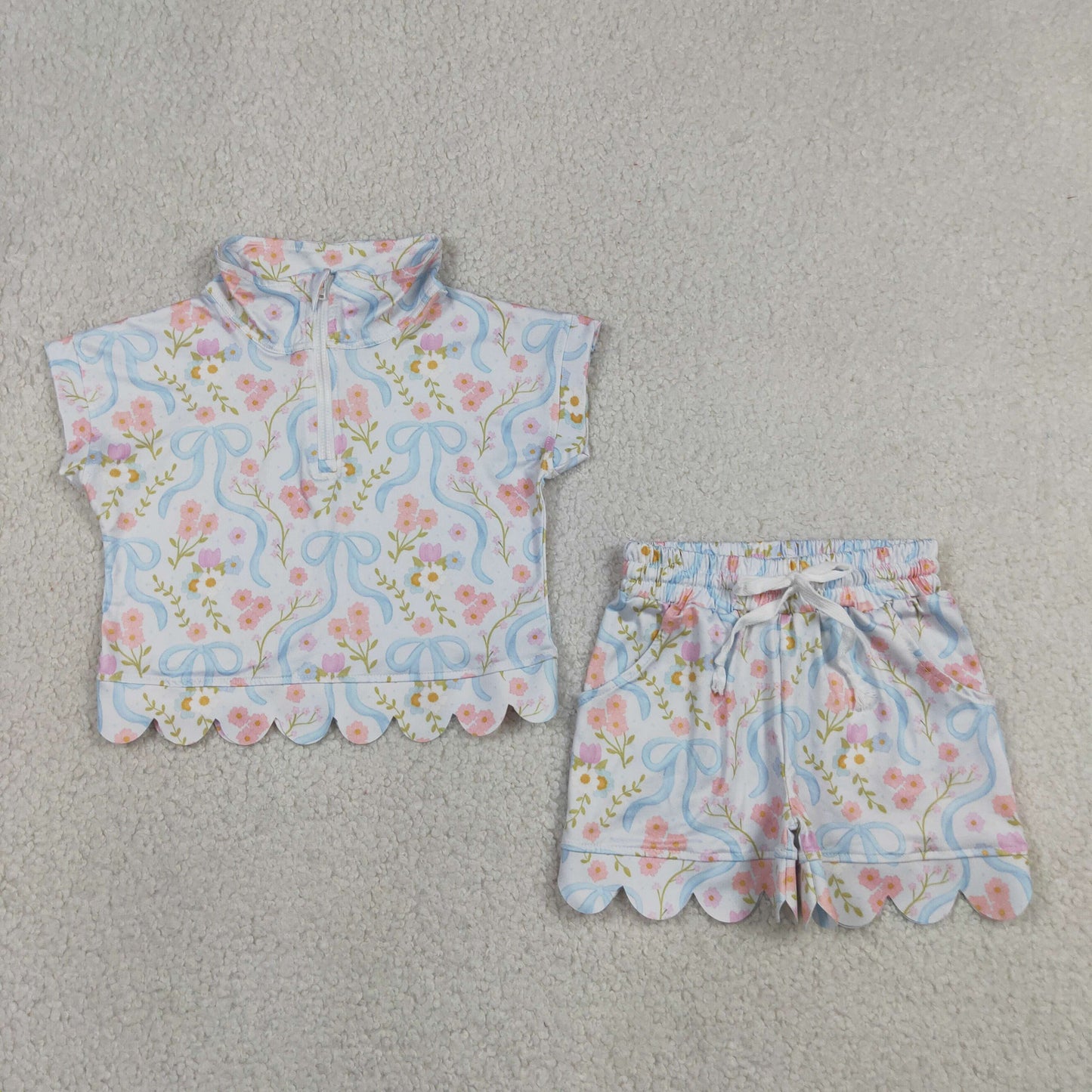 Baby Girls Kids Short Sleeves Zipper Shirt Flower Bows Scallop Shorts Set Clothes RTS