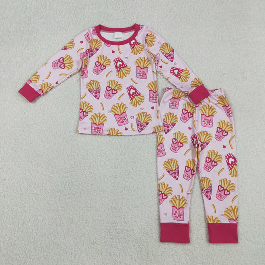 Baby Girls Long Sleeves Chips Hearts Shirt Pants Valentine Pajamas Pink Set RTS