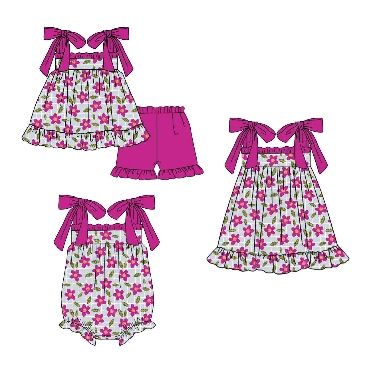 ( Moq 5 Each Style ) Sibling Baby Girls Kids Flower Plaid Purple Romper Dress Set Summer Clothes