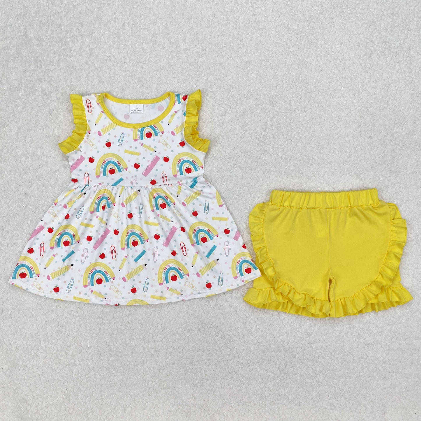 Baby Girl Rainbow Pencils Tunic Yellow Ruffle Shorts Back To School Set RTS