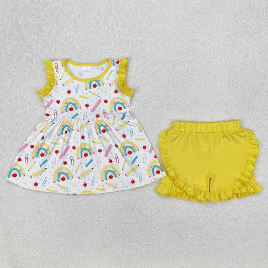 Baby Girl Rainbow Pencils Tunic Yellow Ruffle Shorts Back To School Set RTS