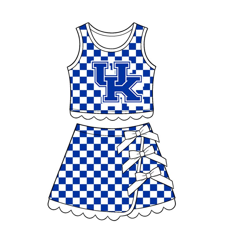 ( Moq 5 ) Preorder Baby Girls Kids Blue Checked Shirt Scallop Bows Skirt Shorts Team Set Yoga Active Clothes