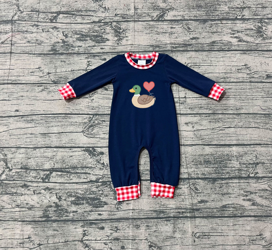 ( No moq ) Preorder Boys Infant Navy Long Sleeves Embroidery Duck Heart Valentine's Day Romper