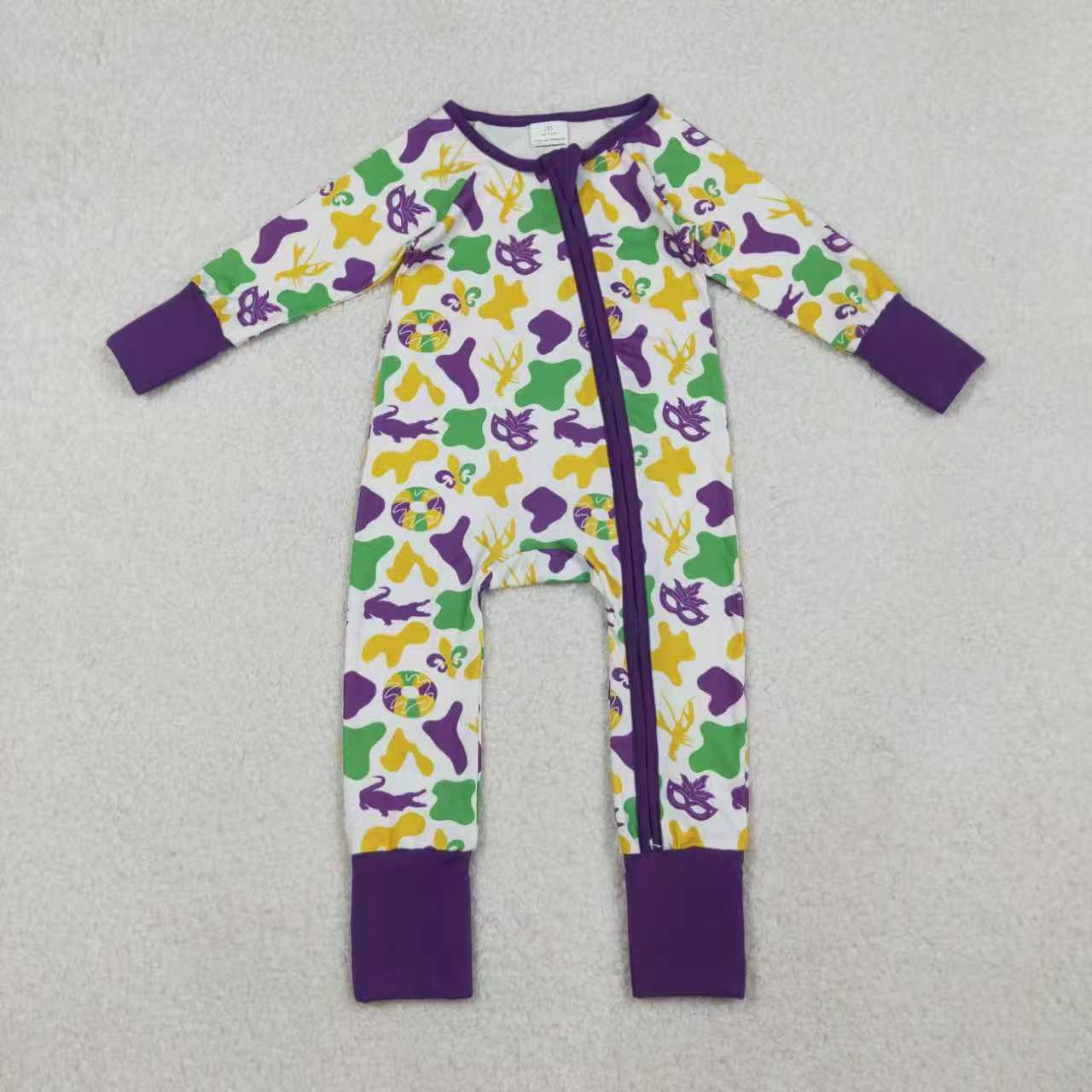 Sibling Toddler Kids Long Sleeves Mardi Gras Camo Zipper Romper Set Pajamas Clothes RTS