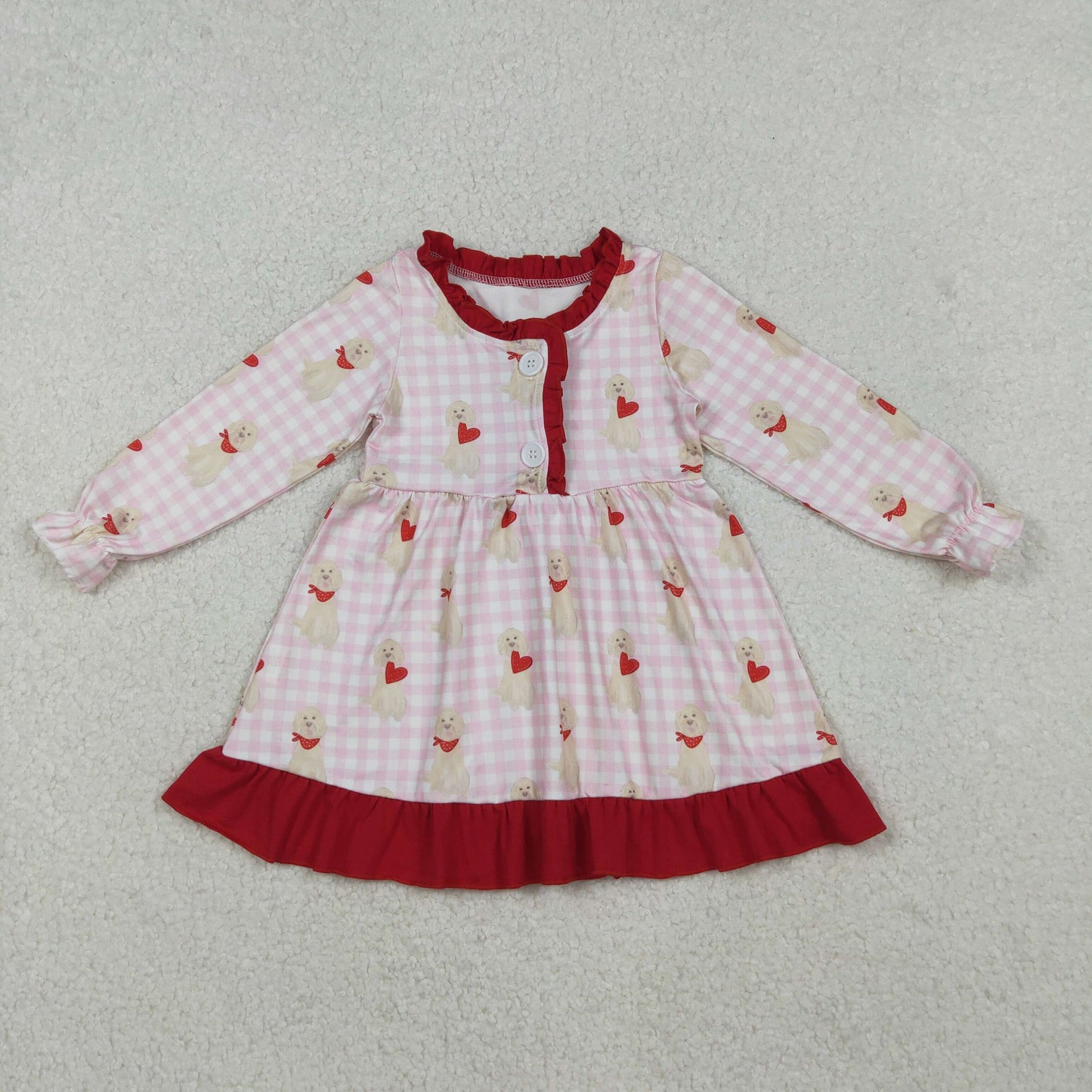 Baby Kids Girls Long Sleeves Dogs Hearts Plaid Valentine's Day Ruffle Gown Dress RTS