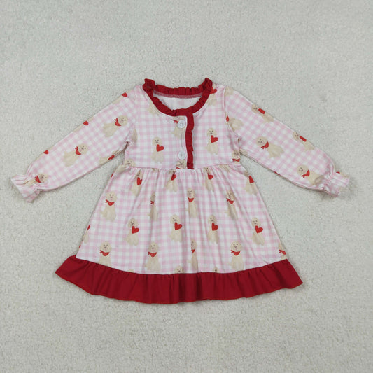 Baby Kids Girls Long Sleeves Dogs Hearts Plaid Valentine's Day Ruffle Gown Dress RTS