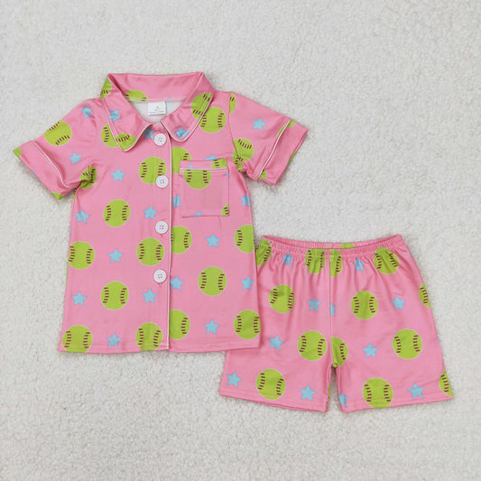 Baby Girl Short Sleeves Baseball Stars Buttons Shirt Shorts Pajamas Clothes Set
