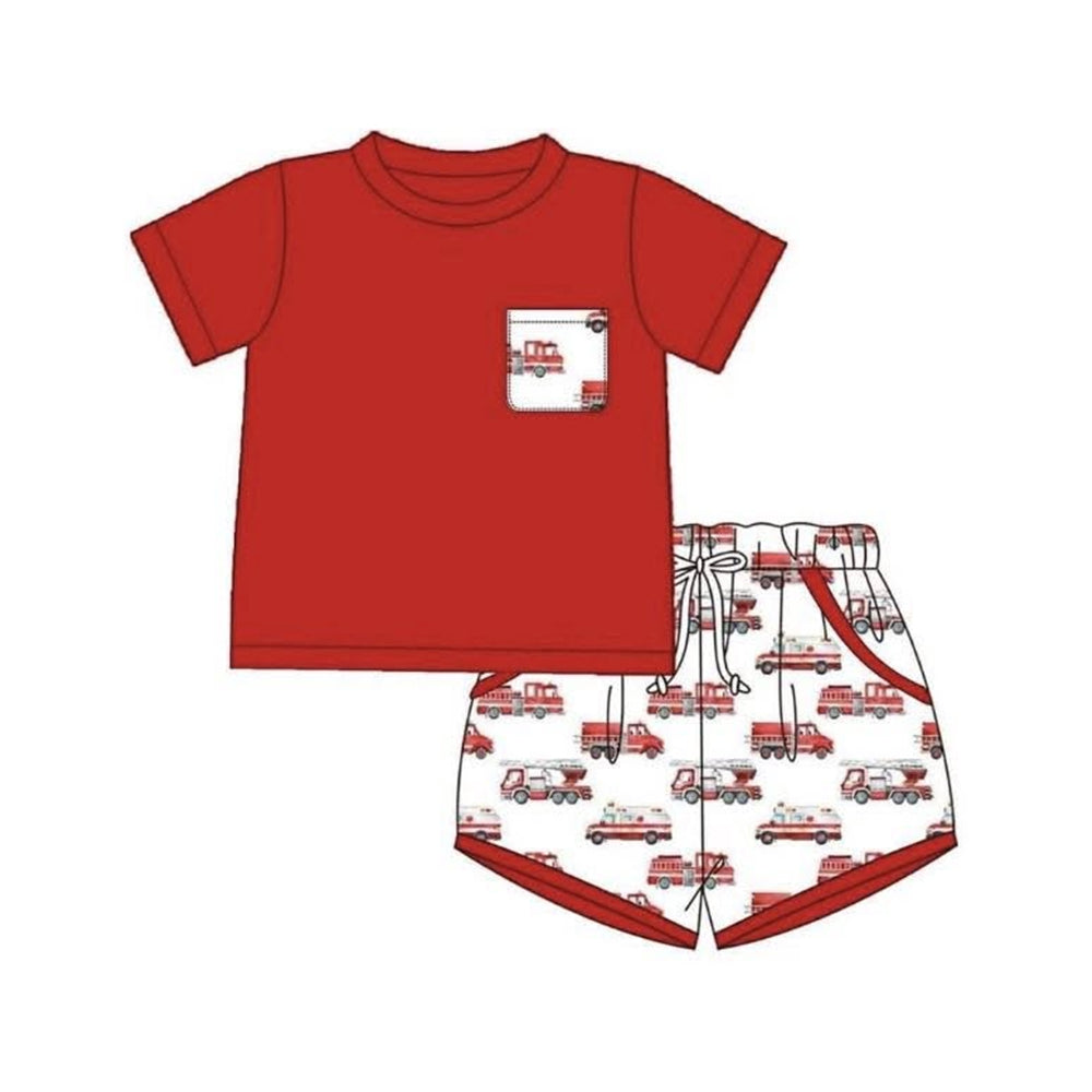 ( Moq 5 ) Preorder Baby Boys Kids Short Sleeves Red Shirt Fire Trucks Pockets Shorts Set Clothes