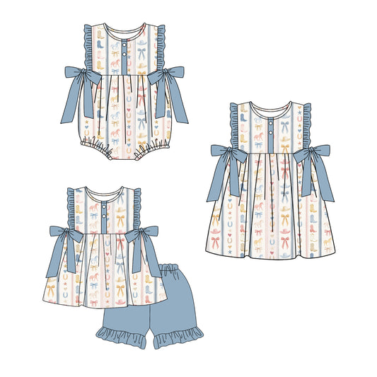 ( Moq 5 Each Style ) Sibling Baby Girls Kids Western Bows Romper Dress Set Clothes
