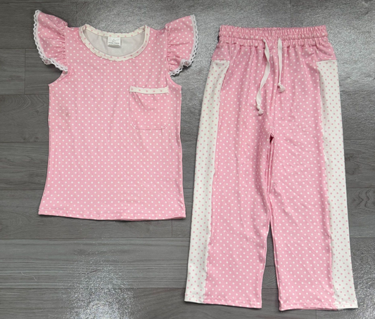 ( No moq ) Preorder Baby Girl Kids Short Sleeves Pocket Shirt Dots Pants Pink Set Clothes