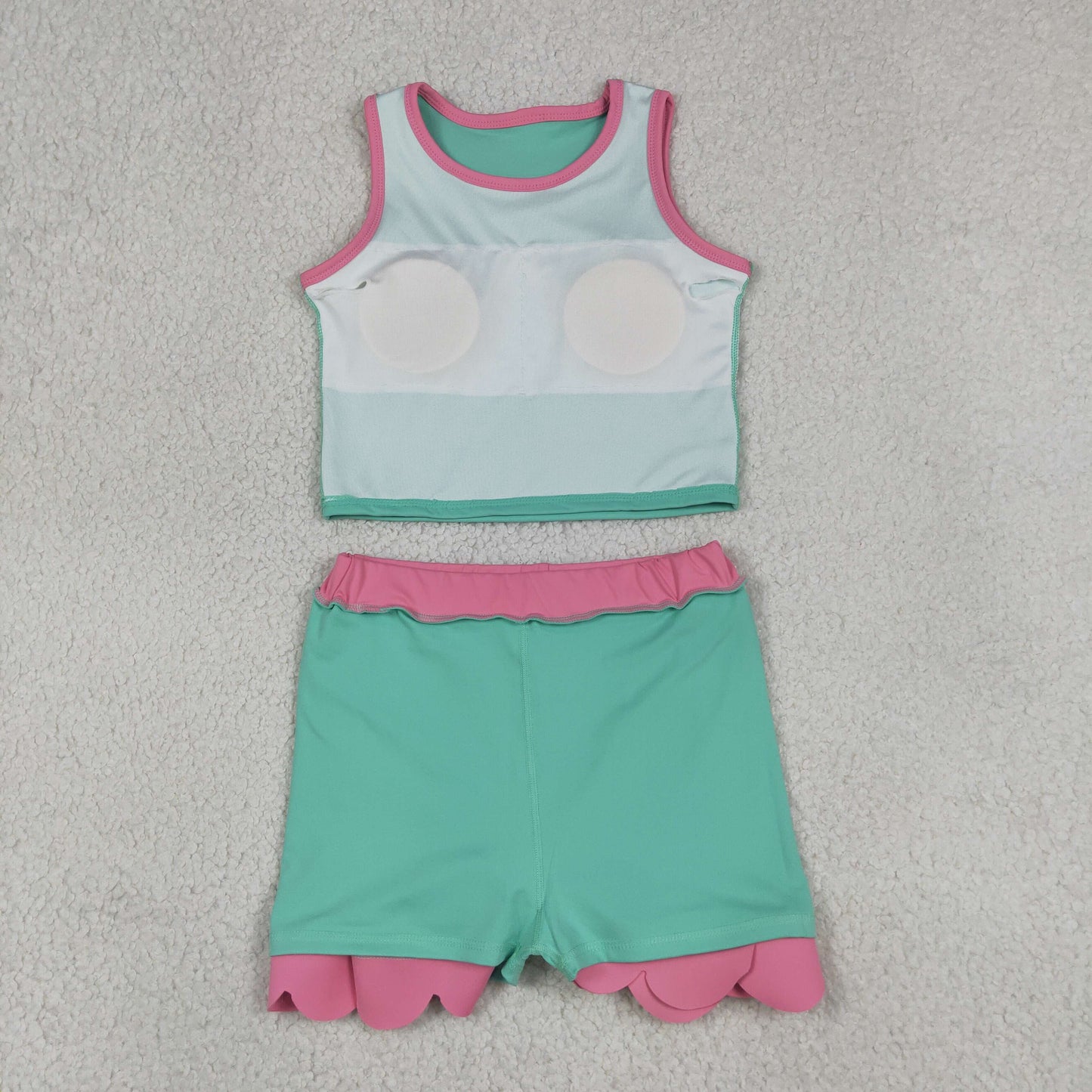 Baby Girls Kids Green Tops Scallop Skirt Shorts Yoga Active Set Summer Clothes RTS