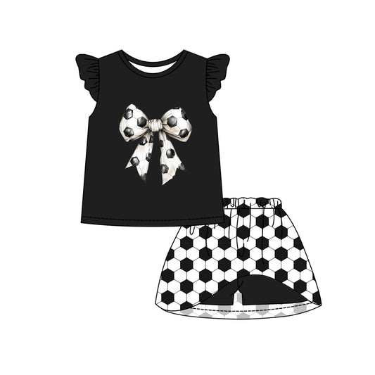 Baby Girl Short Sleeves Bow Black Shirt Skirt Shorts Skort Soccer Set ( Moq 5 ) 12.10