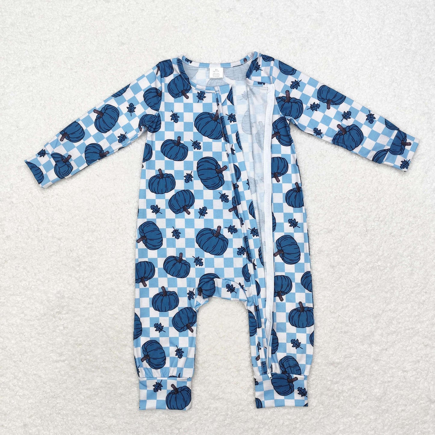 Baby Boy Blue Checkered Pumpkins Fall Zipper Bamboo Romper
