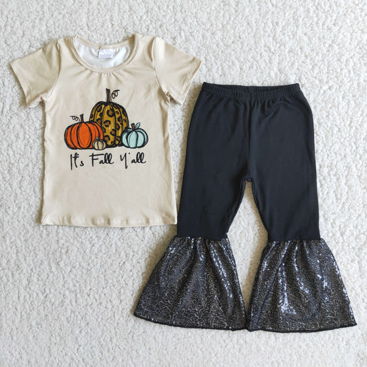 Promotion Baby Girl Short Sleeves Pumpkins Shirt Sequins Bell Pants Fall Outfit RTS