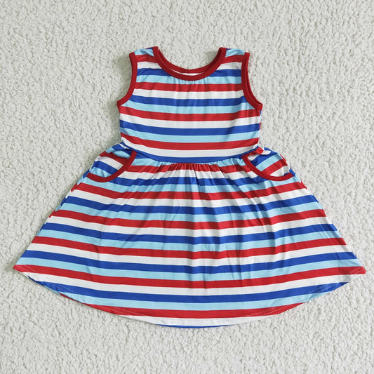 Promotion July 4th Baby Girl Summer Stripes Pocket Twirl Dress
