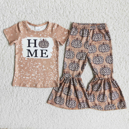 Promotion Baby Girl Short Sleeves Leopard Pumpkin Shirt Bell Pants Outfit RTS