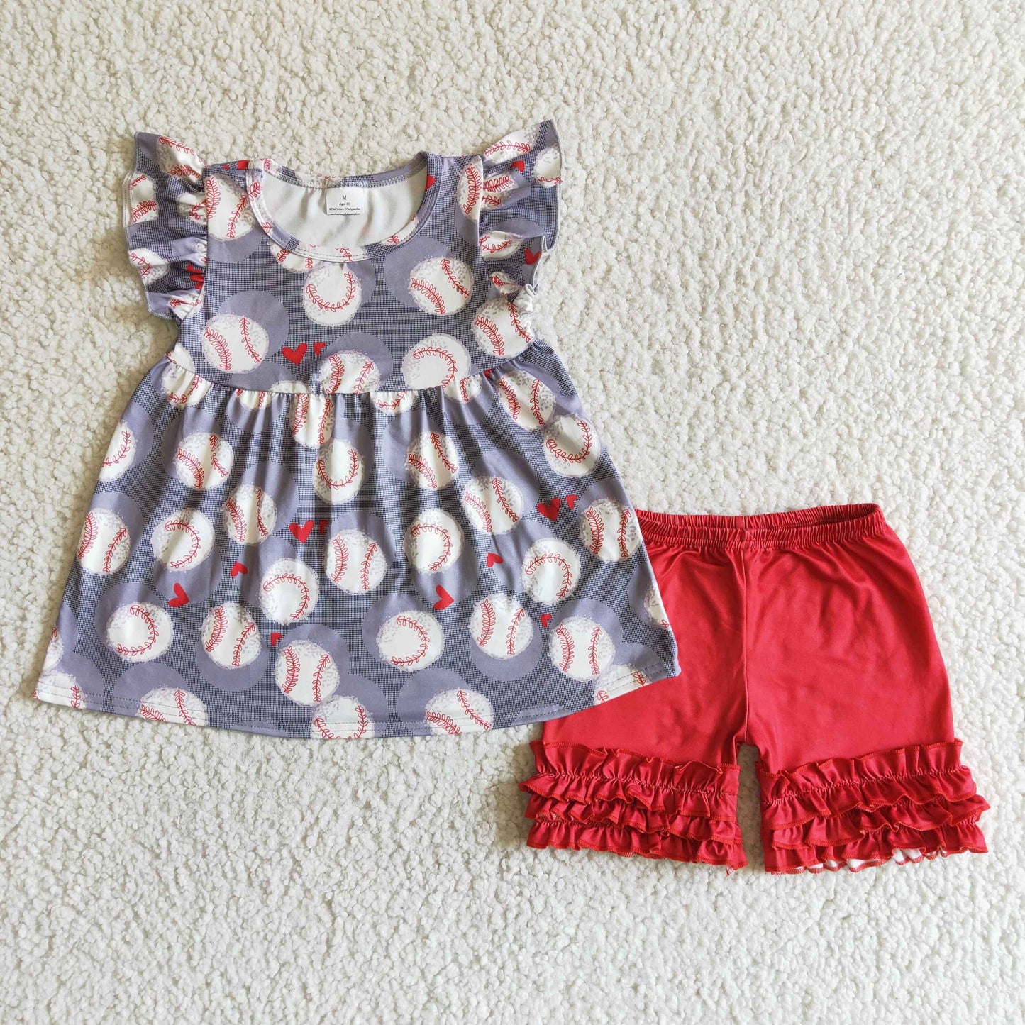 Promotion Baby Girl Short Sleeves Baseball Hearts Tunic Red Ruffle Shorts Outfit RTS