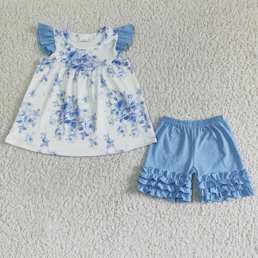 Promotion Baby Girl Short Sleeves Flower Tunic Blue Ruffle Shorts Set RTS