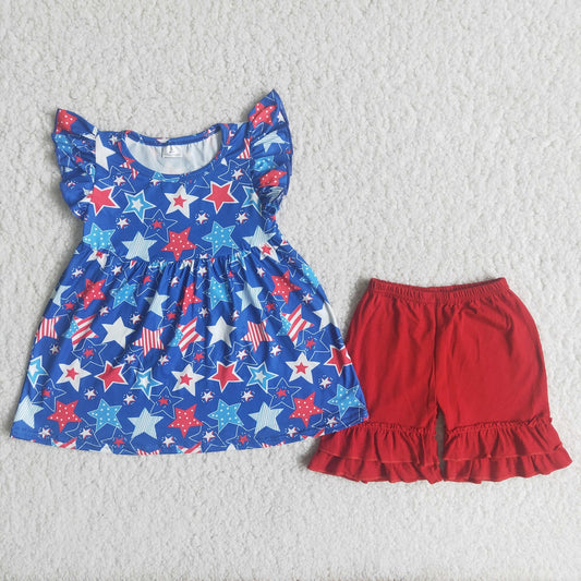 Promotion Baby Girl Short Sleeves July 4th Stars Tunic Red Ruffle Shorts Outfit RTS