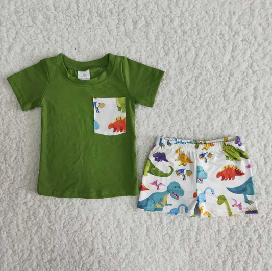 Promotion Baby Boy Summer Short Sleeves Green Shirt Dinosaur Shorts Outfit