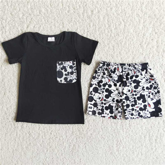 Promotion Baby Boy Short Sleeves Shirt Cartoon Pocket Black Shorts Outfit