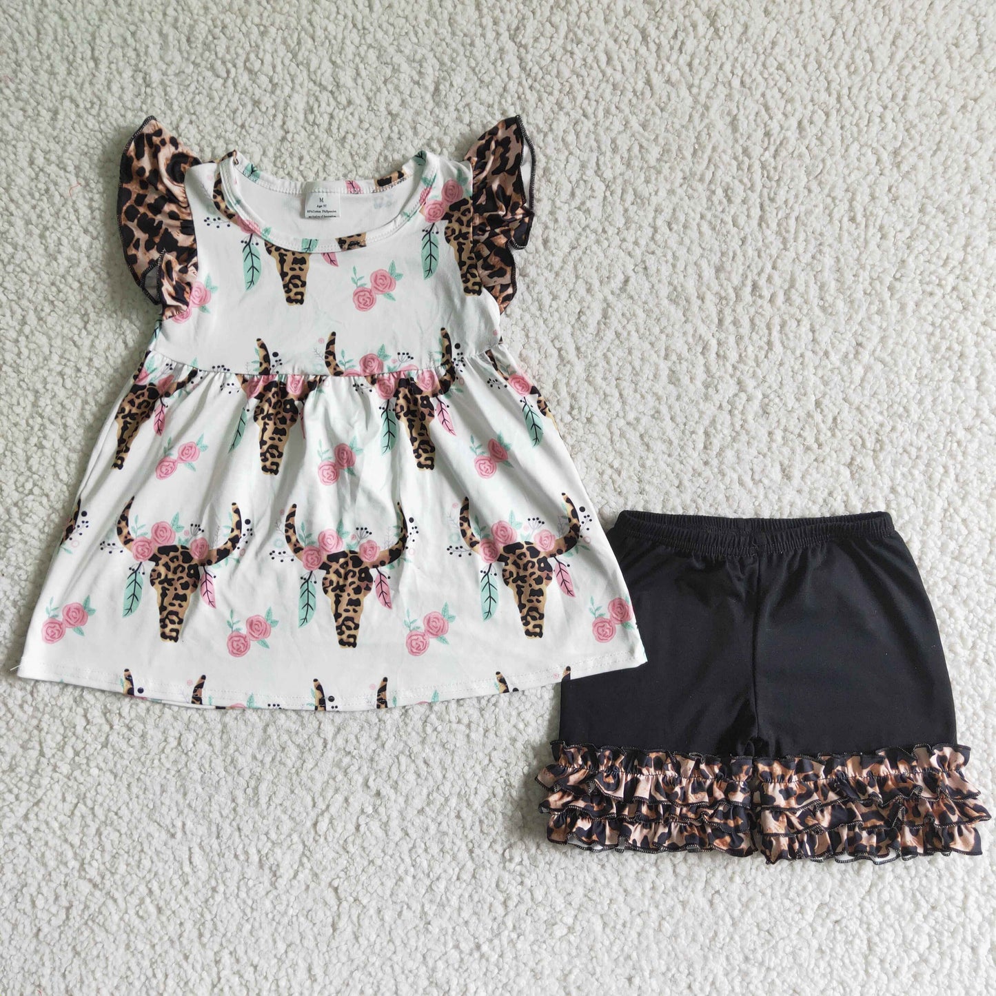 Promotion Baby Girl Western Cow Black Leopard Shorts Summer Outfit RTS