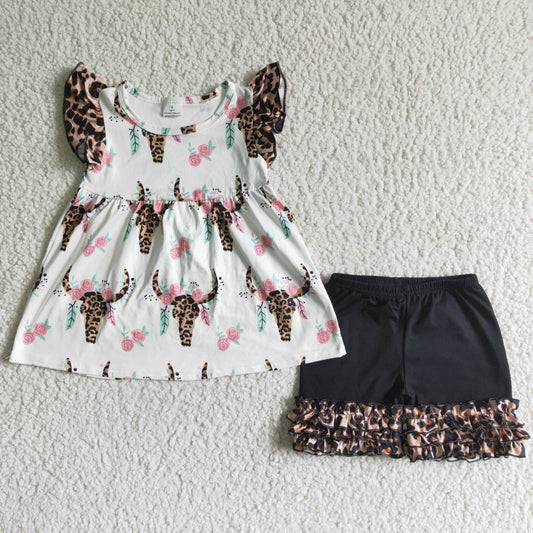 Promotion Baby Girl Western Cow Black Leopard Shorts Summer Outfit RTS