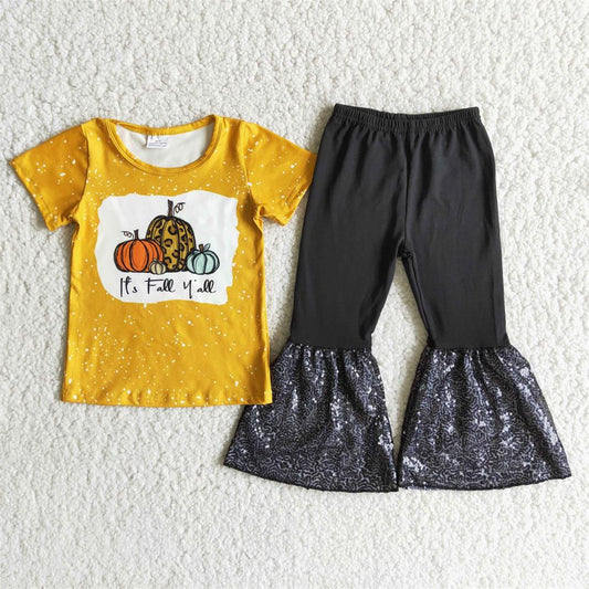 Promotion Baby Girl Orange Short Sleeves Pumpkin Shirt Sequins Pants Fall Outfit RTS
