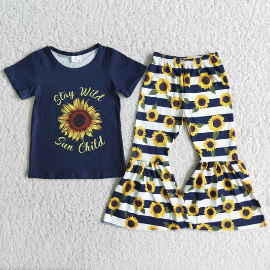 Promotion Baby Girl Short Sleeves Shirt Sunflower Bell Pants Outfit