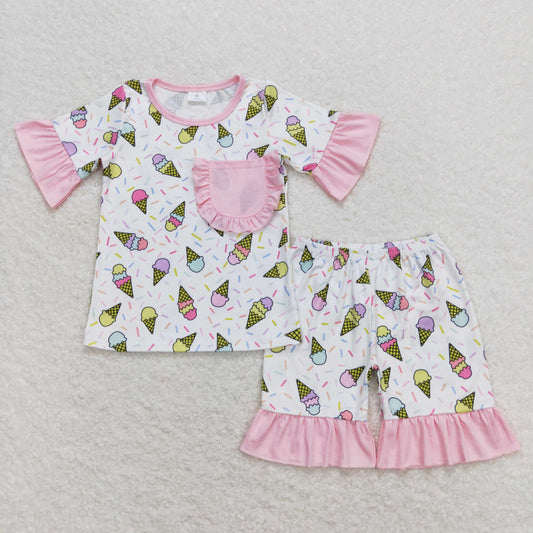 Baby Girl Short Sleeves Popstick Pink Pocket Shirt Shorts Pajamas Set