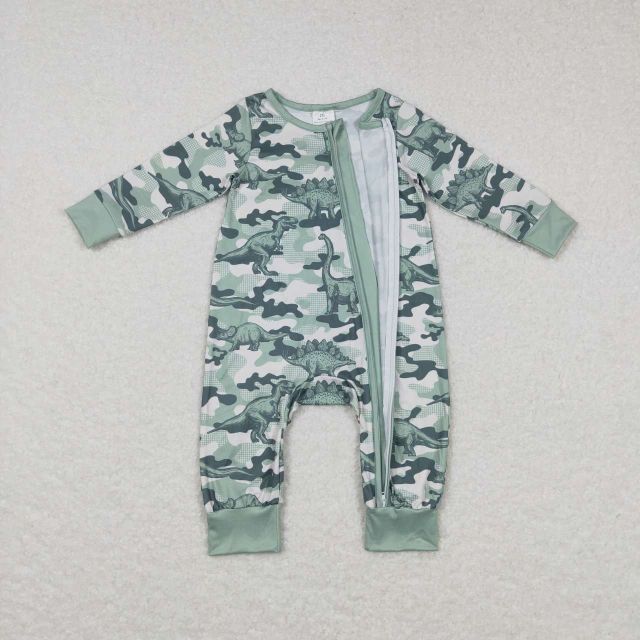 LR0718 Baby Boy Long Sleeves Dinosaur Camo Zipper One Piece Romper