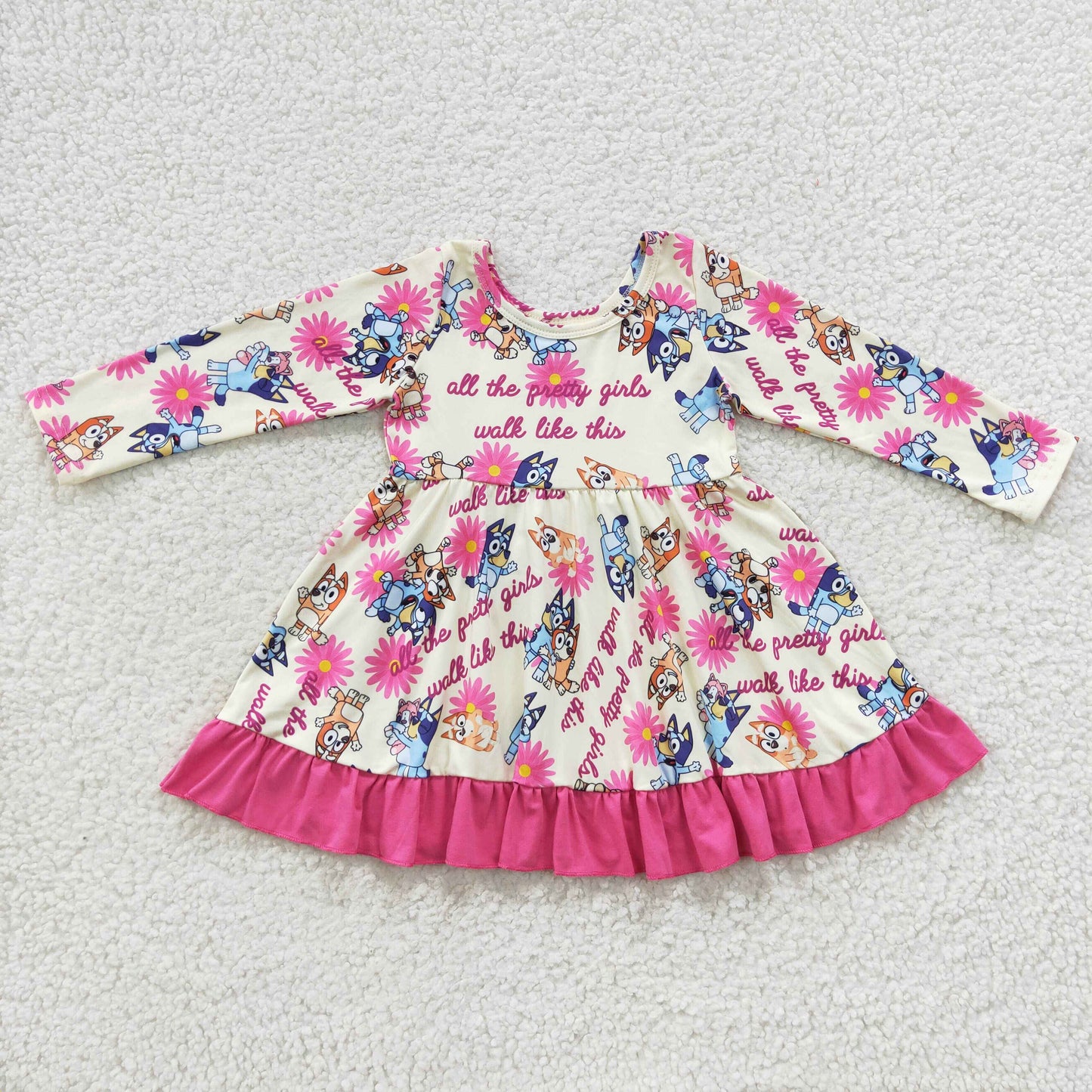 GLD0214 Baby Girl Long Sleeves Dogs Floral Dress