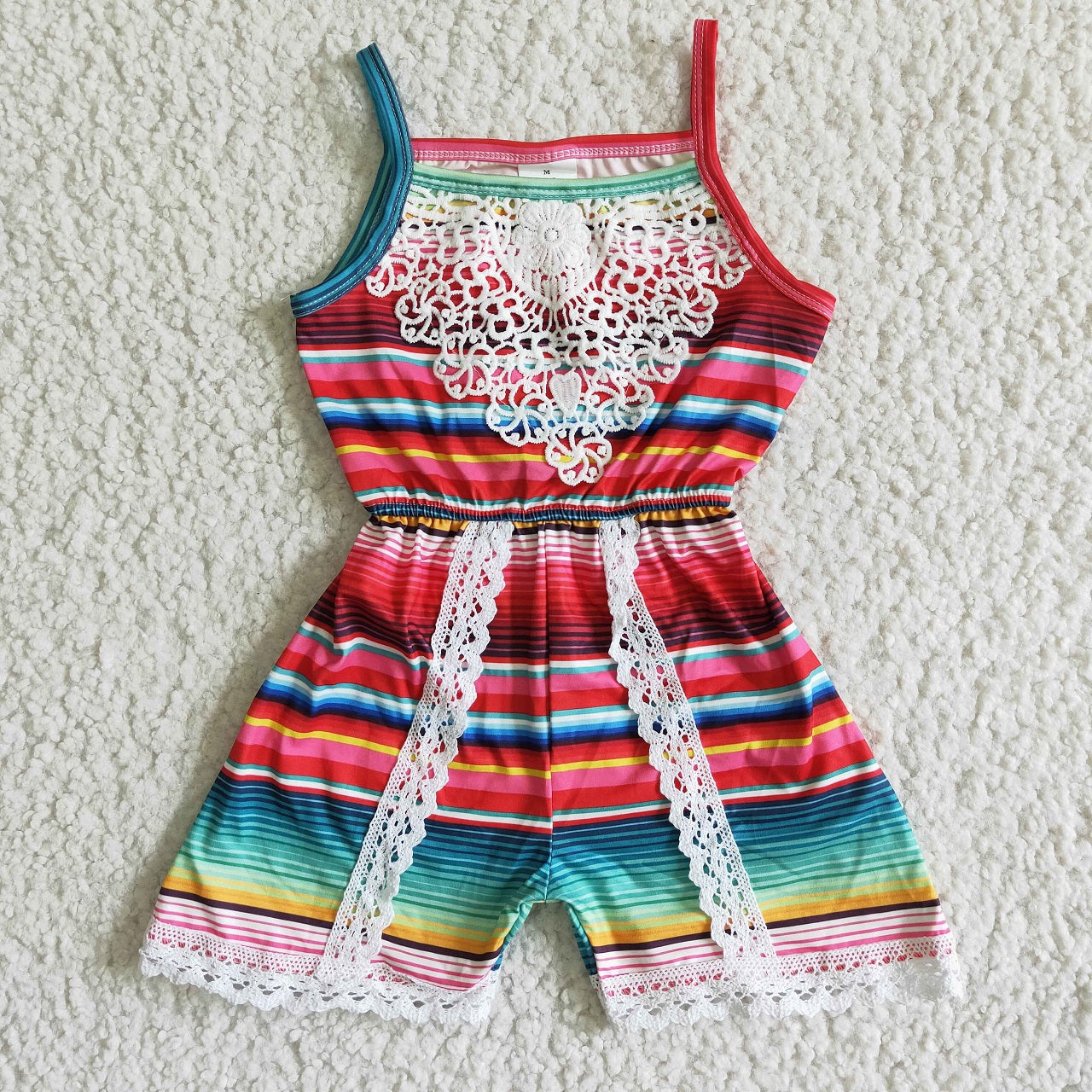 Promotion Baby Girl Sleeveless Western Colorful Stripes Lace Shorts Jumpsuit RTS