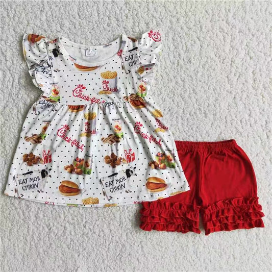 Promotion Baby Girl Summer Chick Red Ruffle Shorts Outfit