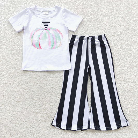 Promotion Baby Girl Short Sleeves Pumpkin Shirt Striped Bell Pants Outfit RTS