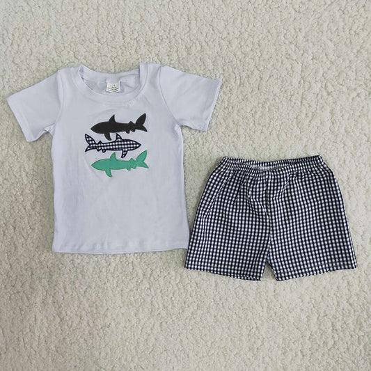 Promotion Baby Boy Short Sleeves Embroidery Fish Shirt Plaid Shorts Outfit