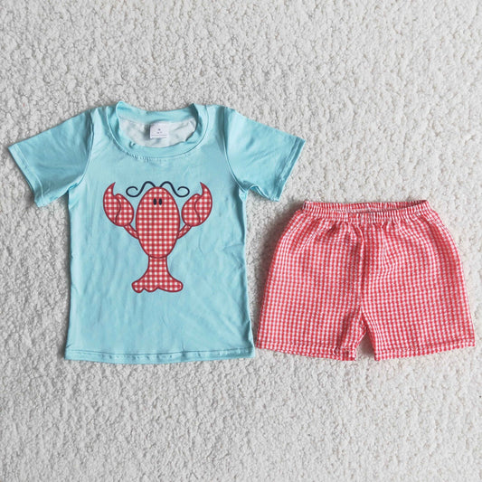 Promotion Baby Boy Short Sleeves Crawfish Green Shirt Red Plaid Shorts Set