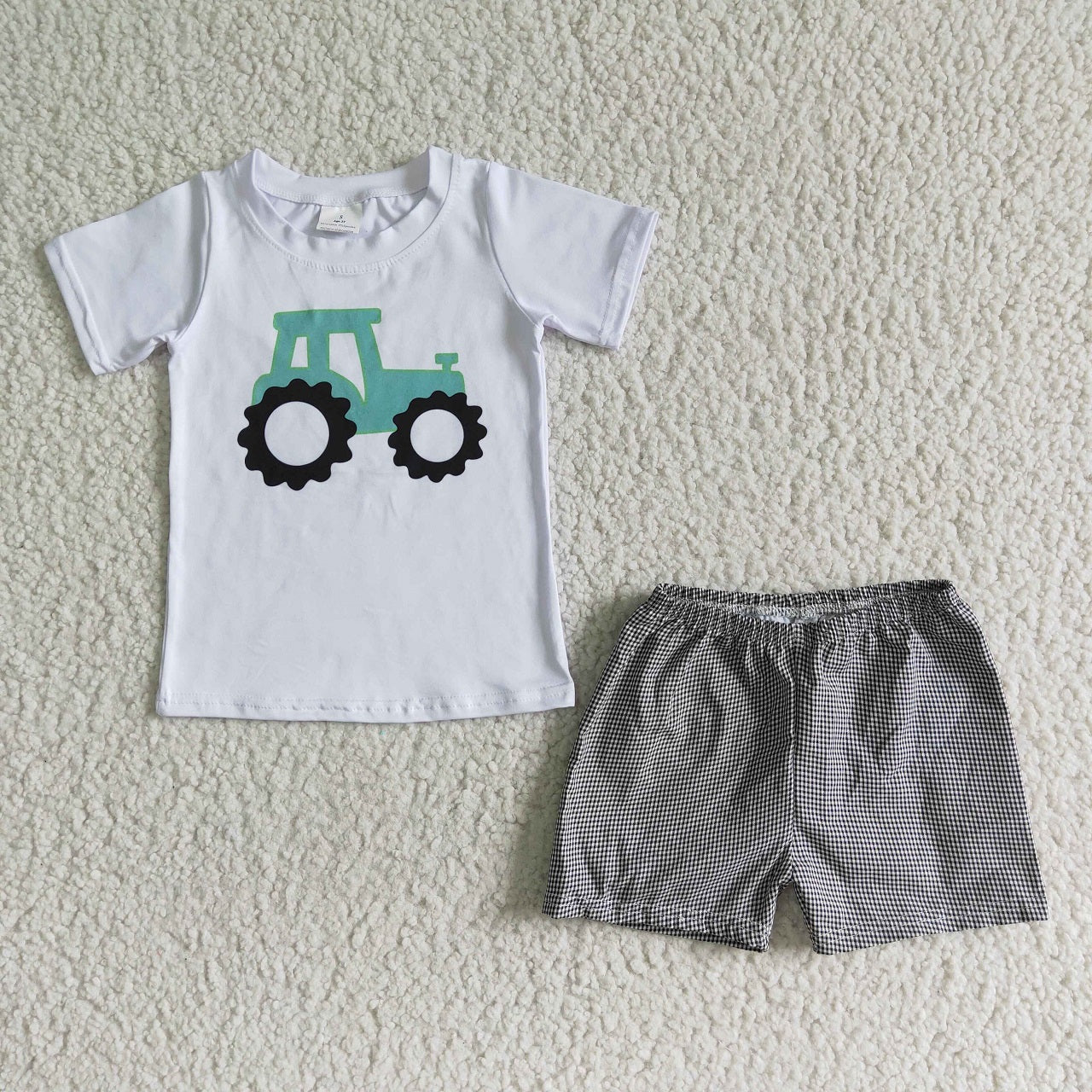 Promotion Baby Boy Short Sleeves Tractor White Shirt Plaid Shorts Outfit