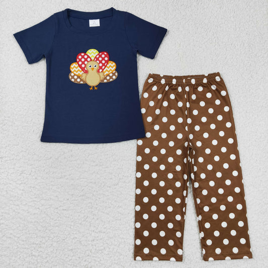 BSPO0162 Baby Boy Thanksgiving Embroidery turkey Shirt Dots Pants Outfit