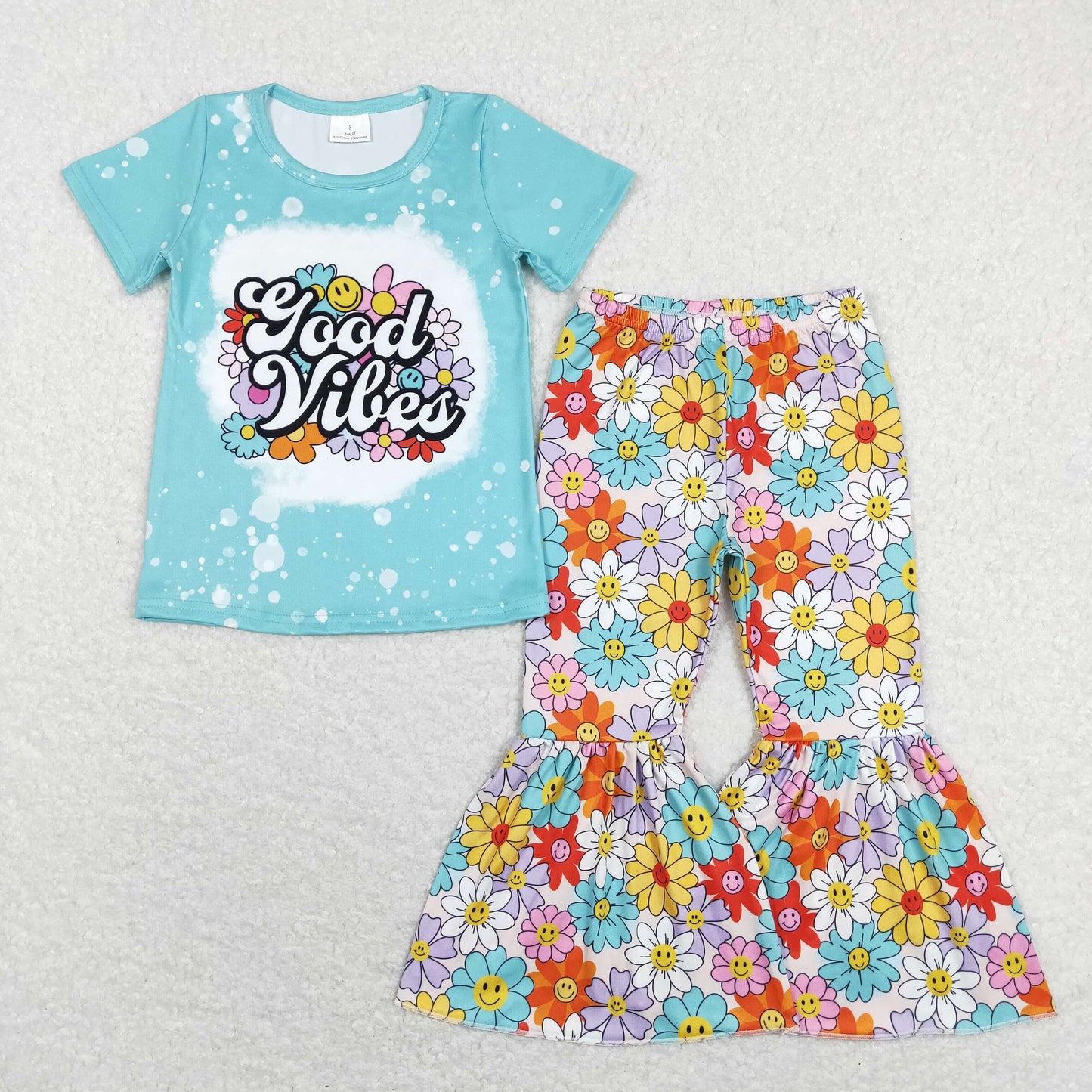 GSPO1239 Baby Girl Short Sleeves Good Shirt Face Floral Bell Pants Set