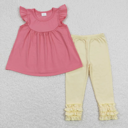 GSPO1323 Baby Girl Short Sleeves Pink Cotton Tops Yellow Ruffle Pants Set