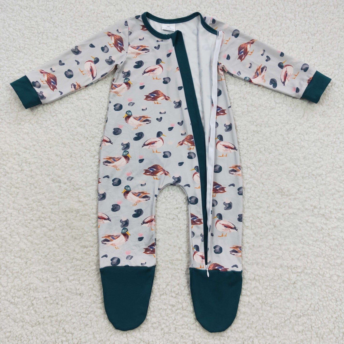LR0418 Baby Boy Long Sleeves Duck Zipper Footie Romper