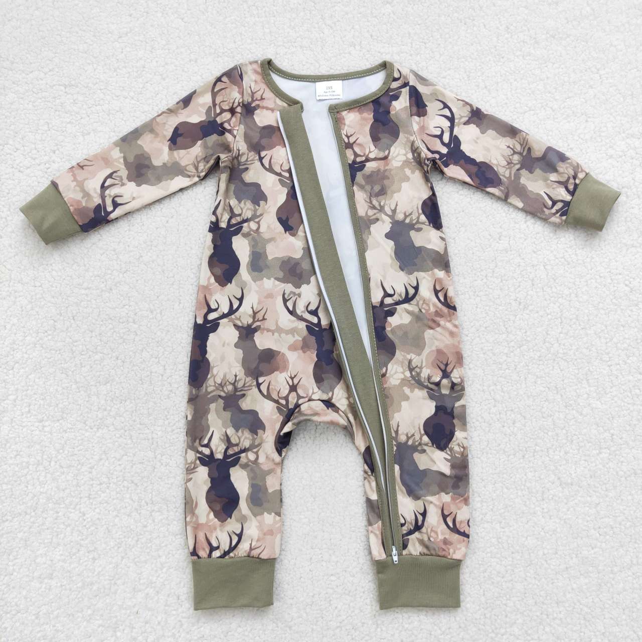 LR0662 Baby Boy Long Sleeves Reindeer Camo Zipper One Piece Romper