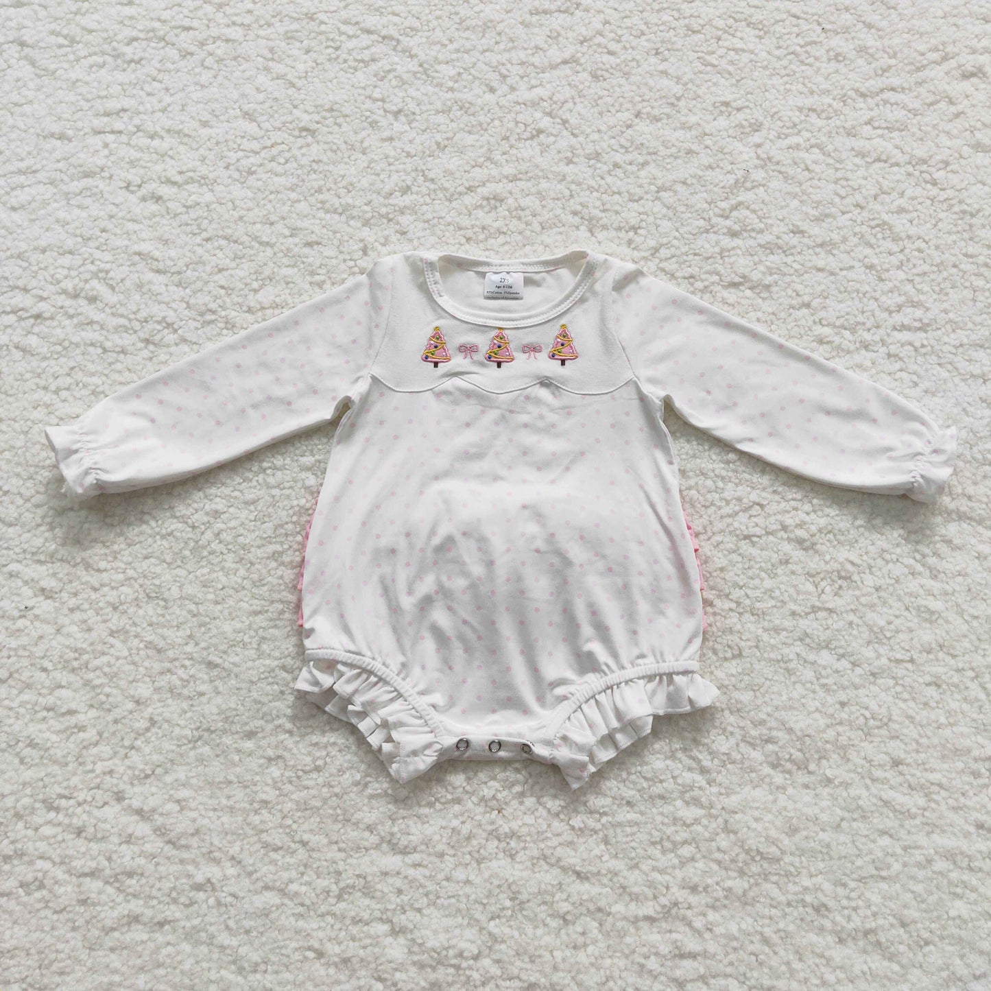 LR0392 Baby Girl Long Sleeves Embroidery Christmas Tree White Ruffle One Piece Romper