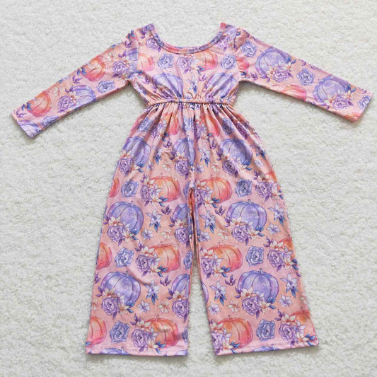 LR0382 Baby Girl Long Sleeves Pumpkin Floral Halloween Purple Jumpsuit