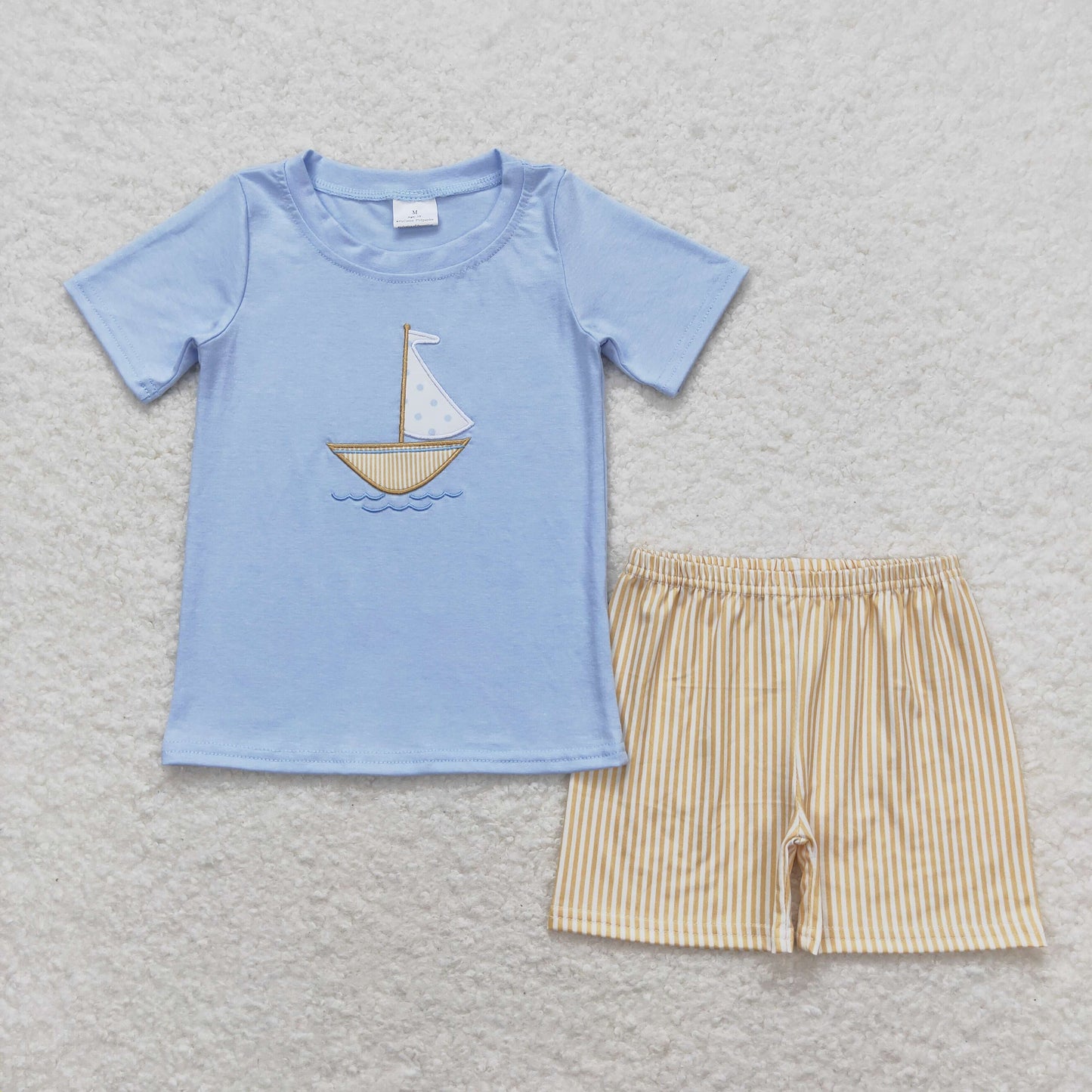 Baby Boy Blue Short Sleeves Embroidery Boat Shirt Stripes Shorts Summer Set